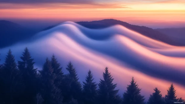 First morning light illuminates fog covered hills.