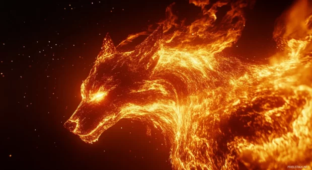 Flames swirl behind a glowing beast in this epic fire wolf wallpaper for desktop.