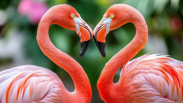 Flamingo HD background with two flamingos forming a heart shape with their necks.