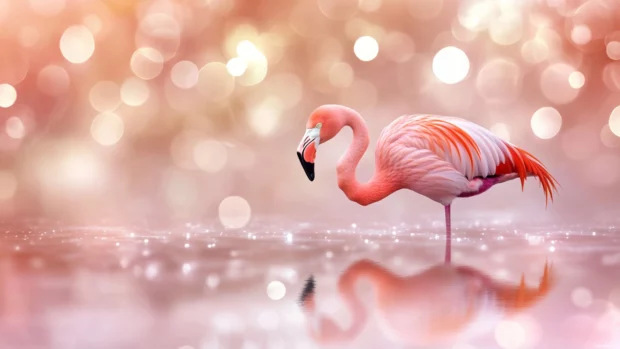 Flamingo background featuring soft bokeh and a gentle water reflection.