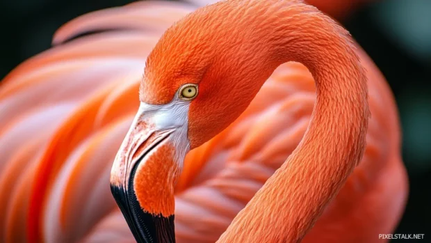Flamingo curved neck forming a perfect spiral, feathers softly ruffled by the wind.