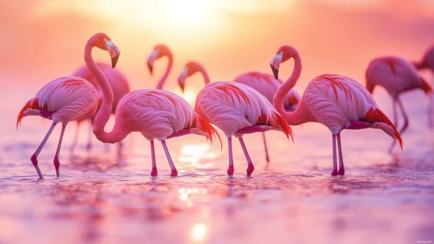 Flamingo desktop background with a group of flamingos wading through still waters at sunset.
