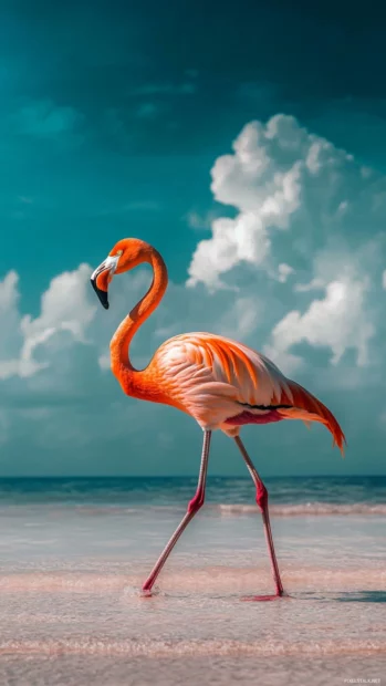 Flamingo in vertical composition, stepping gracefully with pastel clouds behind.