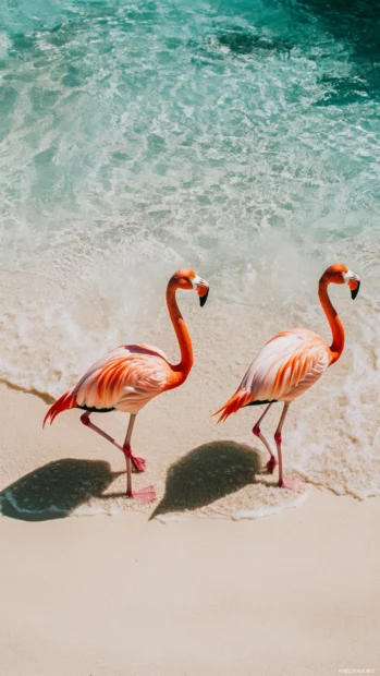 Flamingo pair strolling across a sunlit beach, reflections shimmering below.