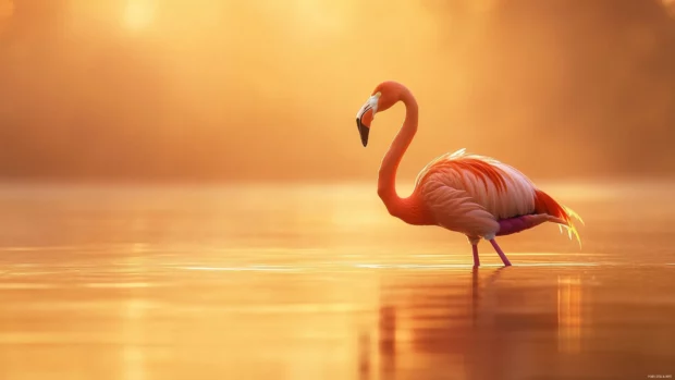 Flamingo wallpaper showing a lone flamingo standing gracefully in a glassy lagoon during golden hour.