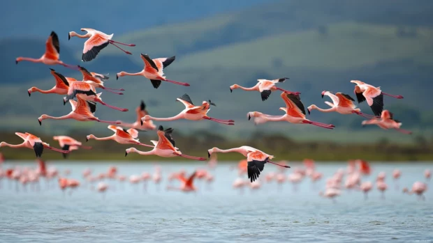 Flamingos in flight over the coast, a vivid scene for wallpapers.