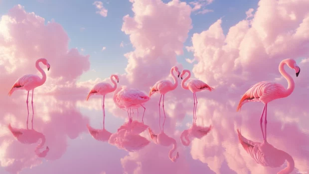 Flamingos standing in pink salt flats, a perfect scenic wallpaper.