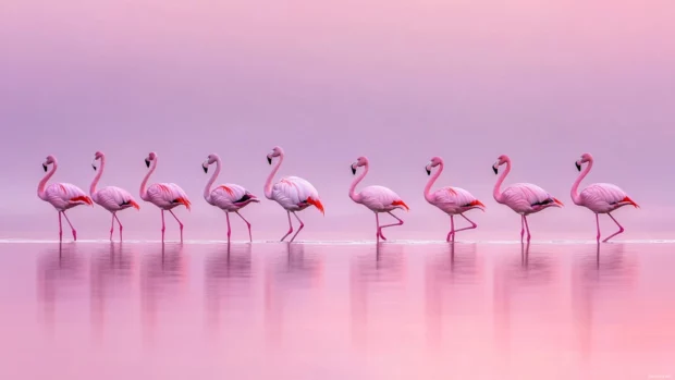 Flamingos wading in shallow waters under a dramatic twilight sky.