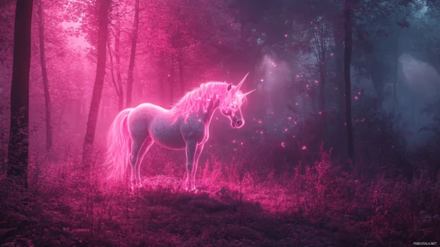Flashing pink aura envelops a majestic Unicorn in a neon forest.