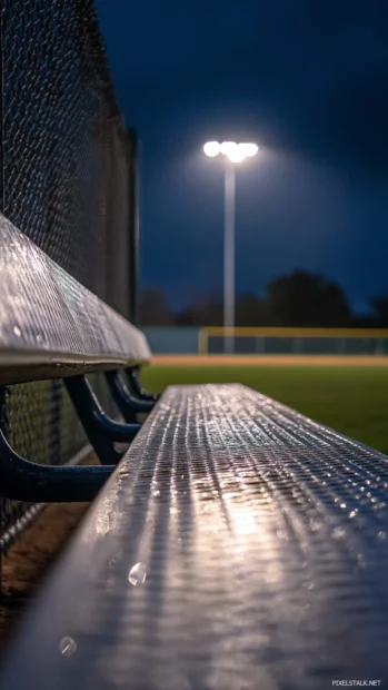 Flickering lights bounce on aluminum dugout bench.
