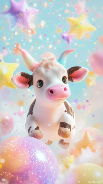 Floating Cute Cow surrounded by pastel stars and sparkles.