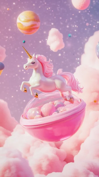 Floating Unicorn in a jellybean spaceship over a pink planet.