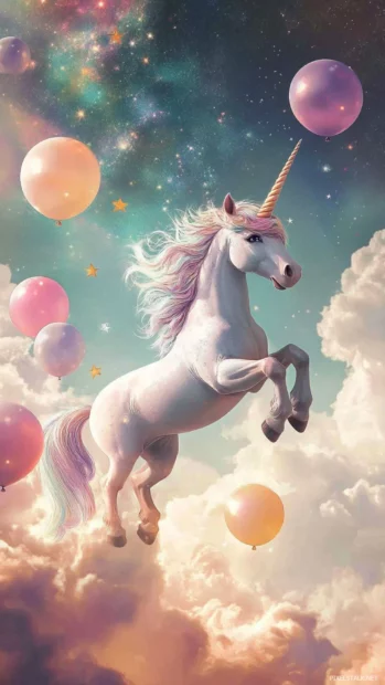 Floating among pastel balloons, a Unicorn smiles toward the stars.