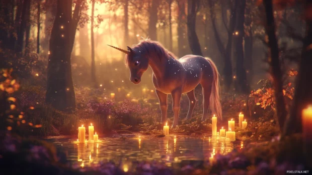 Floating candles light the path for the unicorn in this Unicorn Wallpaper.