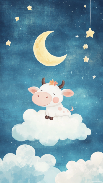 Floating cartoon cows in this dreamy Pastel cute cow wallpaper HD with clouds and moons.