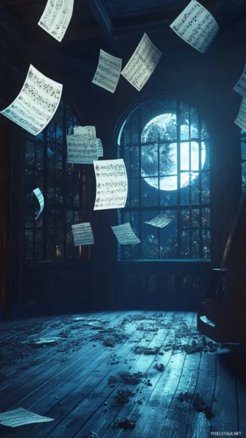 Floating music sheets glowing in a moonlit room.
