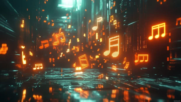 Floating music symbols in a cyberpunk environment.