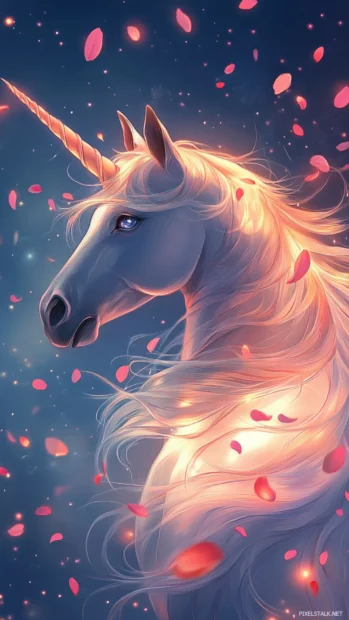 Floating petals and shimmering lights surround a unicorns flowing mane.