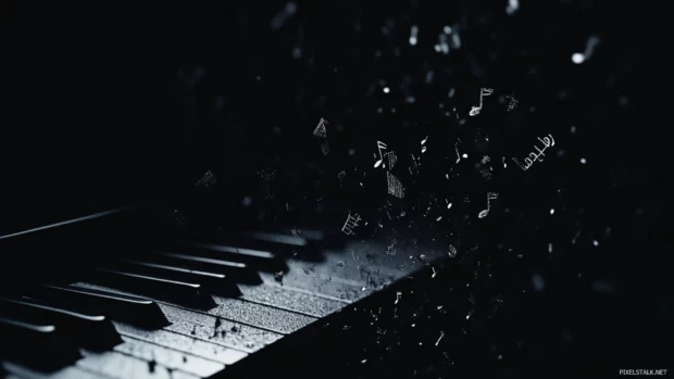 Floating piano keys fading into black horizon designed with inspiration from Music notes on dark background HD.
