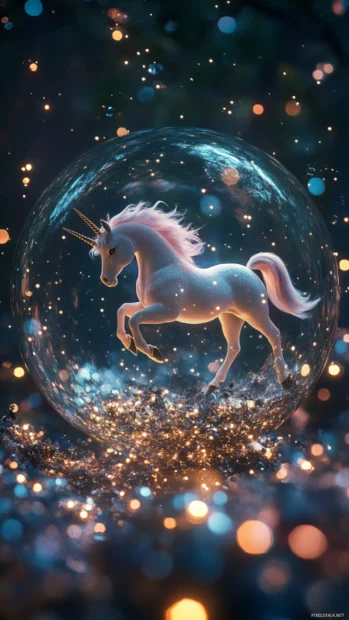 Floating unicorn inside a transparent orb surrounded by glittering lights.