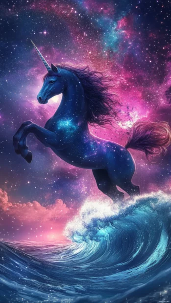 Floating unicorn on a galaxy wave above the stars.