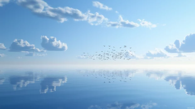 Flock of birds in formation in tranquil blue sky.