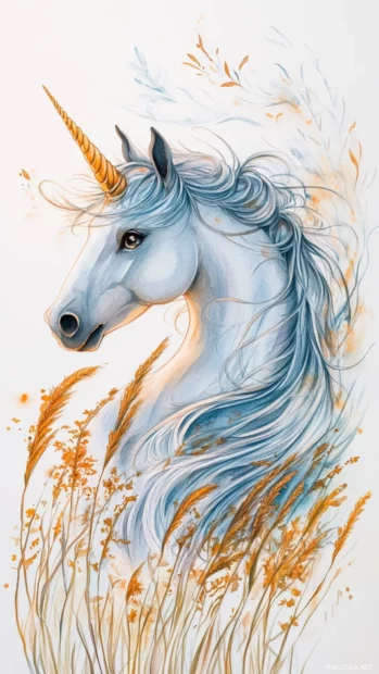 Flowing watercolor grasses wave around a Unicorn in the wind.