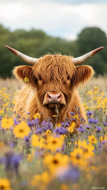 Fluffy Highland cow photo background showing Highland cow peeking through wildflowers.