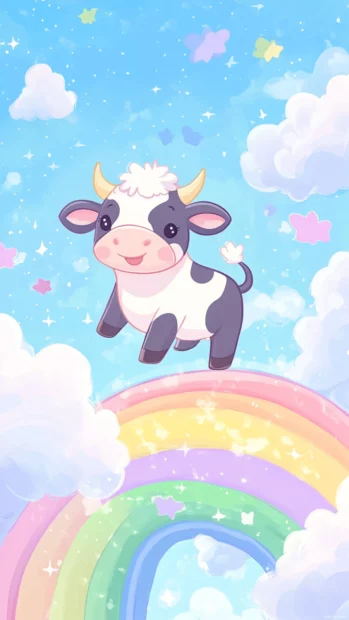 Fluffy Kawaii Cow drawing with cow jumping over a rainbow.