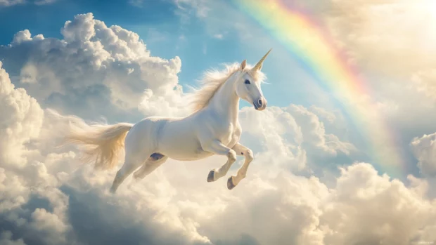 Fluffy clouds and rainbows surround the unicorn in this perfect cute unicorn wallpaper for kids.