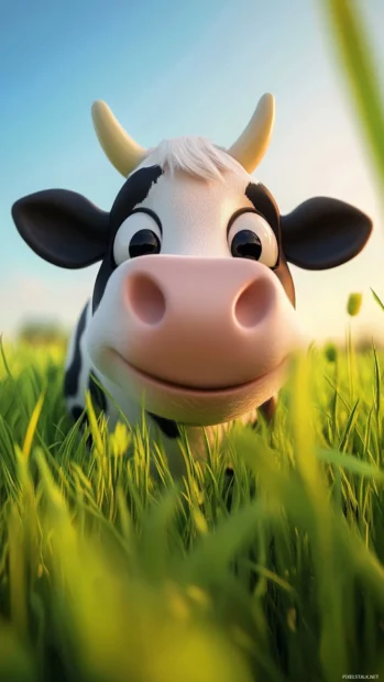 Fluffy grass under a smiling cow, perfect as a Kawaii cow iPhone wallpaper.