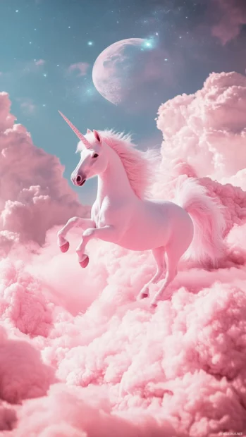 Fluffy unicorn rides a pastel comet in this Cute pastel unicorn wallpaper aesthetic.