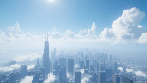 Fluffy white clouds over serene Chicago skyline view on clear day, iconic Willis Tower and skyscrapers.
