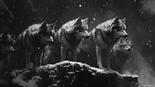 Focused wolf pack lined up on snowy cliff edge wallpaper.