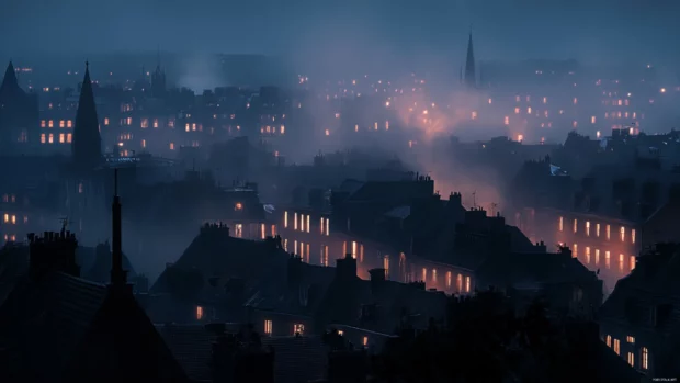 Fog drapes gently over rooftops in the silent night city.