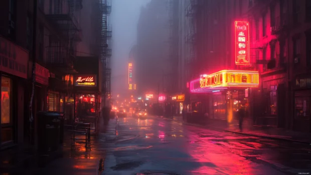 Fog meets neon in a moody Night New York City Wallpaper.