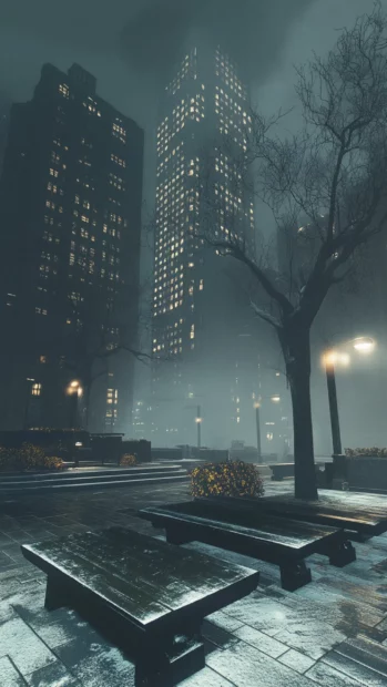 Fog rolls over the empty plazas in the core of the dark city.
