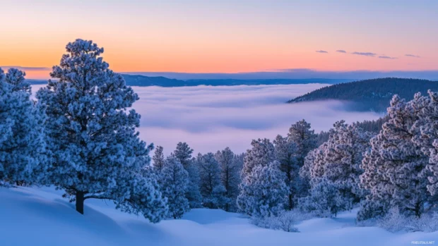 Fog rolls through pine trees at daybreak.