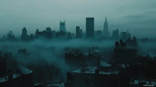 Foggy morning view of New York skyline, skyscraper tops peeking through.