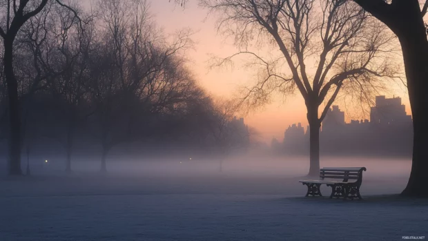 Foggy sunrise over Central Park in a serene New York City Desktop Wallpaper scene.