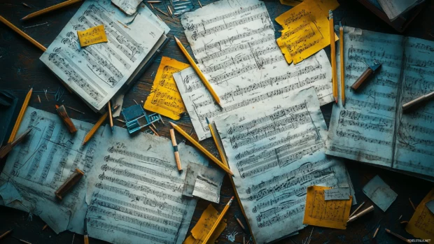 Forceful overhead view multiple sheets of music creative pattern scattered pencil marks and erasers showcasing process of composition.
