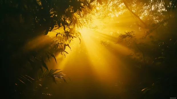 Forest bathed in warm light as the sun rises.