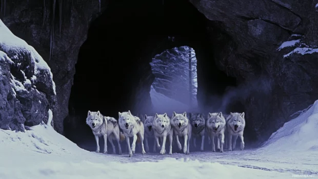 From a mountain cave, wolves exit one by one with breath steaming in the cold.