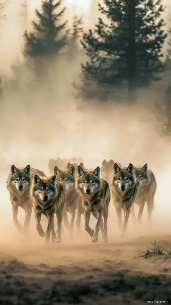 From behind, a pack of wolves trots through the fog as distant pine trees fade into the sky.