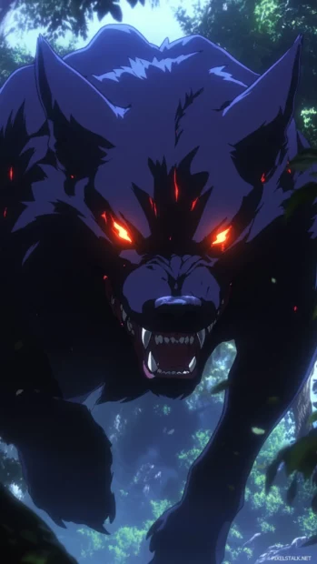 From beneath the trees, a snarling wolf steps forward with glowing red eyes.