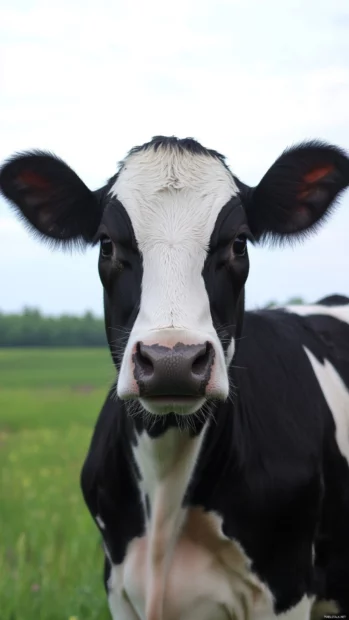 Frontal shot of cows face in this Cow wallpaper with blurred farm background.
