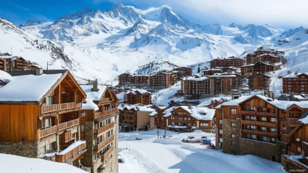 Frosty blue and white sky over snowy chalet rooftops,.