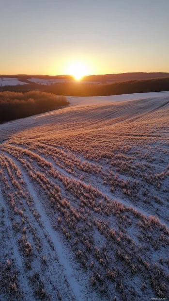Frosty fields sparkle under the delicate glow of sunrise.