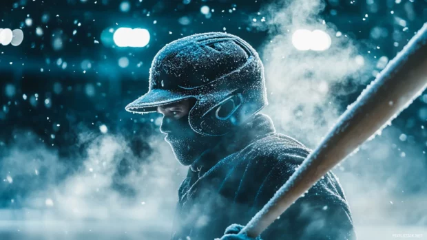 Frozen baseball player, ice covered uniform and bat, steam rising from their breath in a winter stadium.