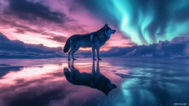 Frozen lake reflection under aurora wolf at night.